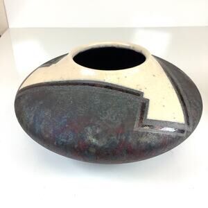 Vintage Artist Signed Raku Studio Art Vase Geometric Metallic 9” Diameter
